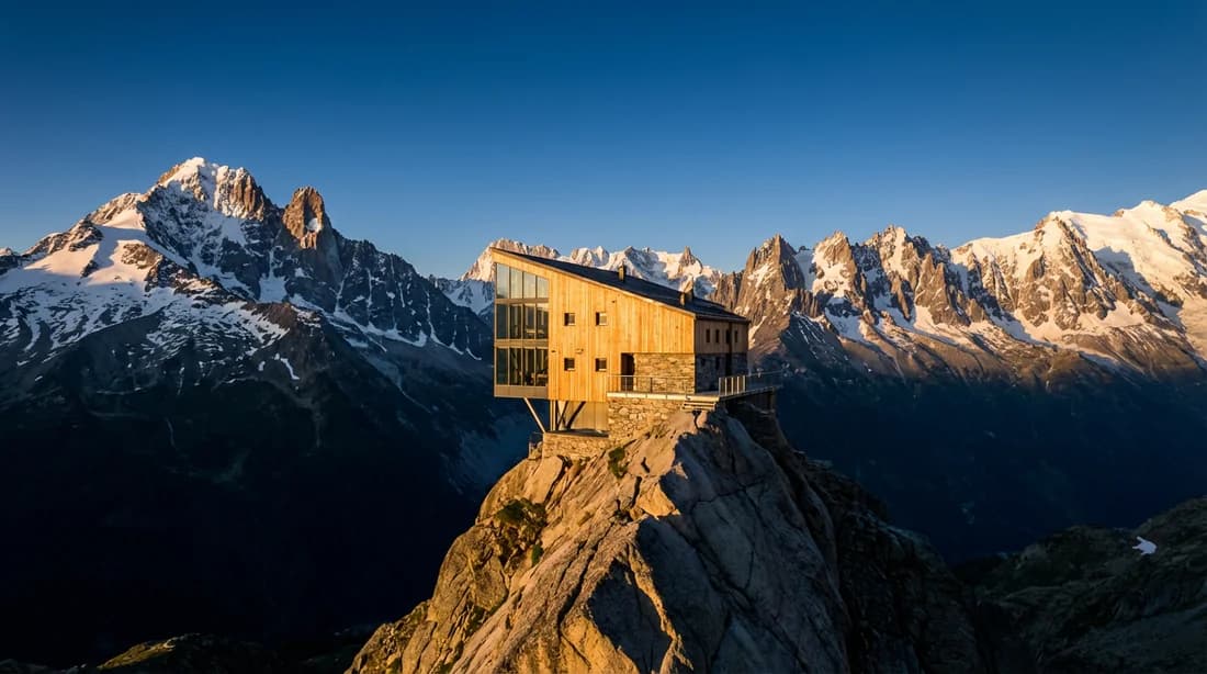 Un refuge de haute montagne moderne perché sur une crête rocheuse au coucher du soleil.