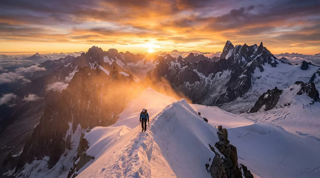 Un alpiniste seul sur une crête enneigée face à l'immensité des montagnes au lever du soleil