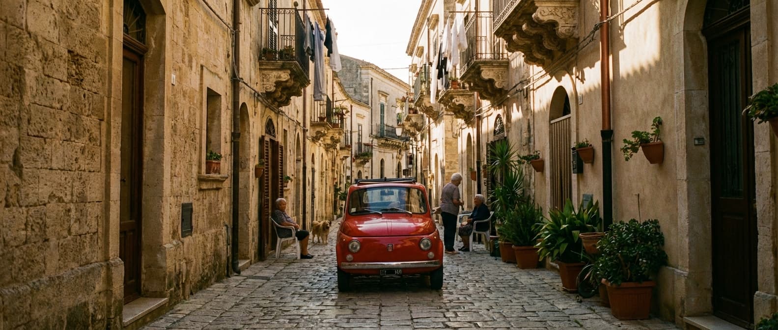 Une petite voiture citadine dans les ruelles étroites et historiques d'un village sicilien