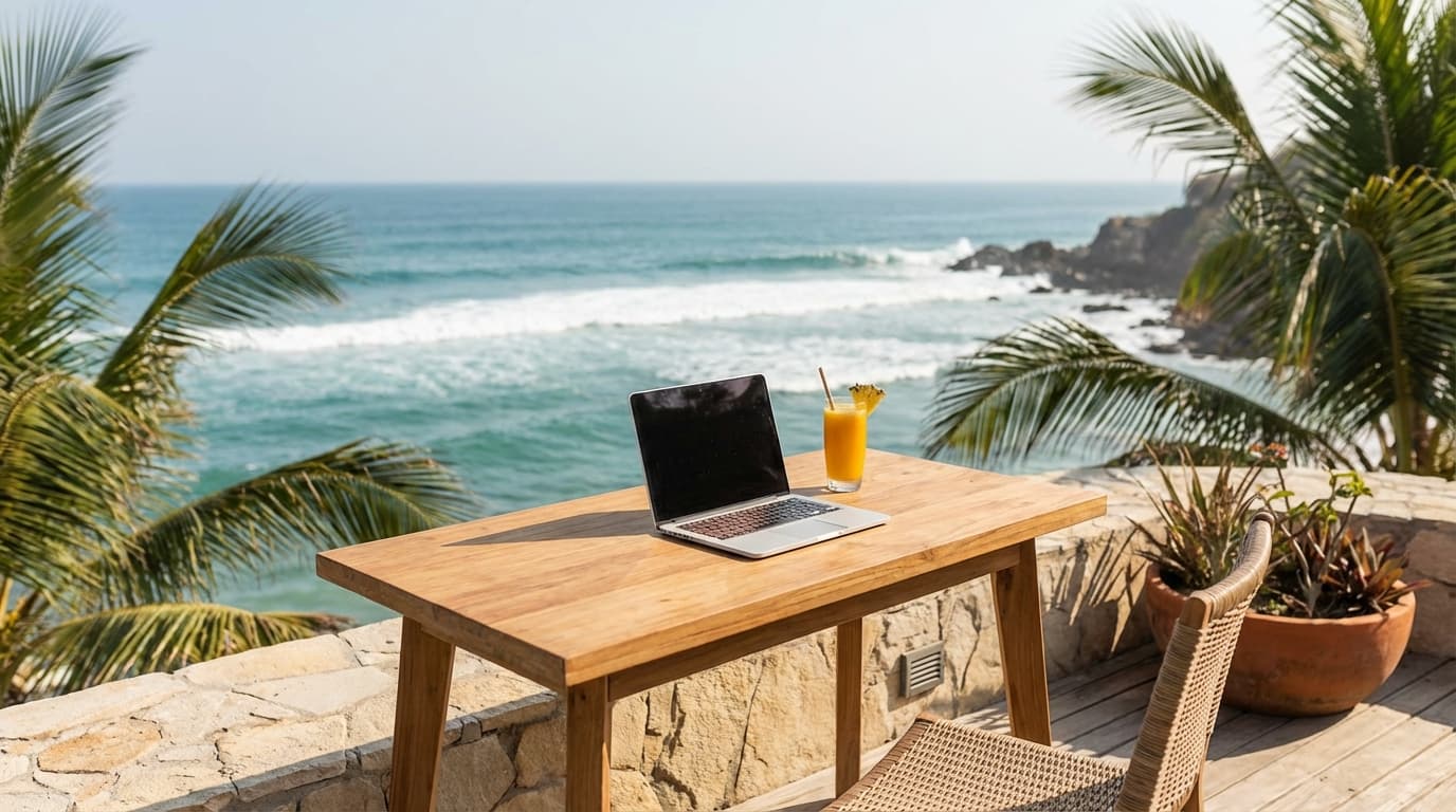 Le style de vie idyllique des expatriés à Tenerife Espace de travail moderne sur une terrasse avec vue sur mer à Tenerife.