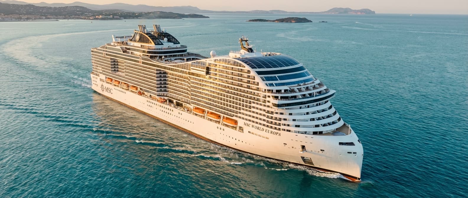 Vue aérienne spectaculaire du MSC World Europa en 2026 Le navire de croisière futuriste MSC World Europa naviguant en mer Méditerranée au coucher du soleil