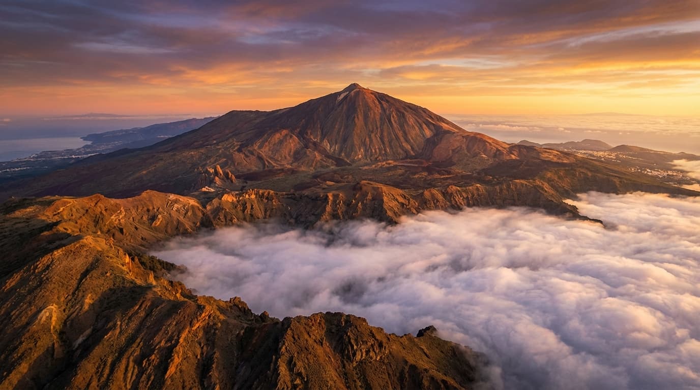 Paysage emblématique pour vivre à Tenerife Vue panoramique épique du mont Teide émergeant des nuages à Tenerife lors du coucher du soleil.