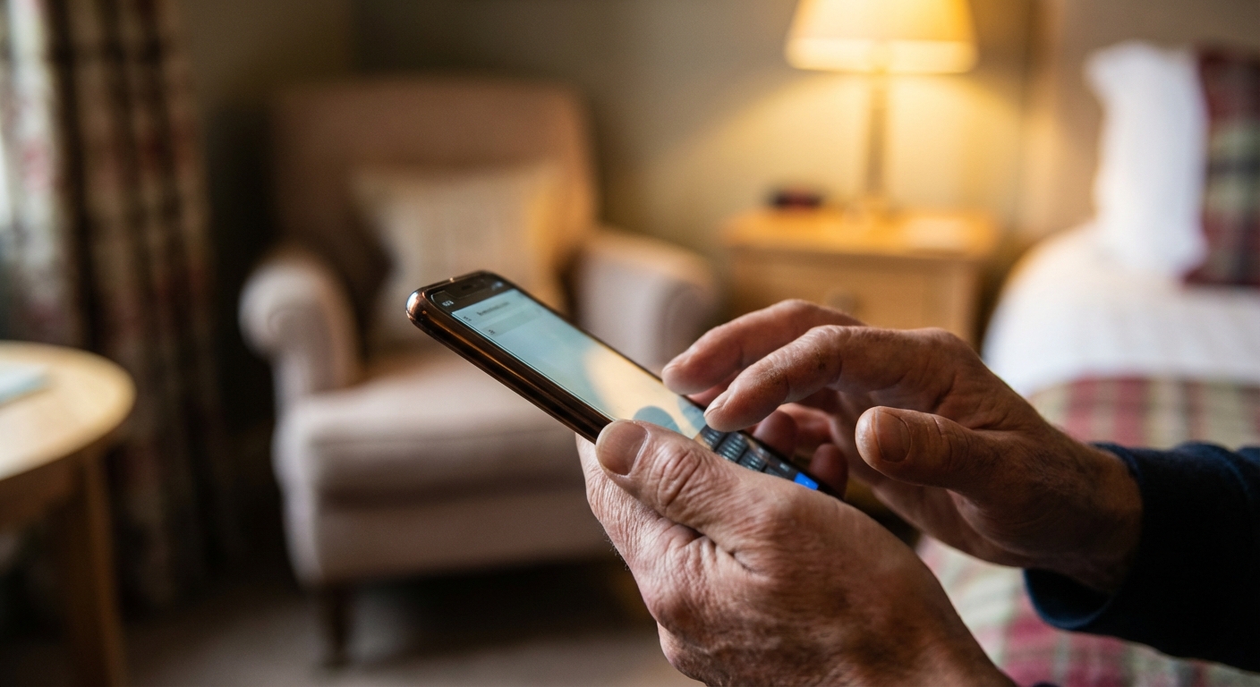 Gros plan d'une personne réservant son séjour sur un smartphone dans une chambre d'hôtel haut de gamme.