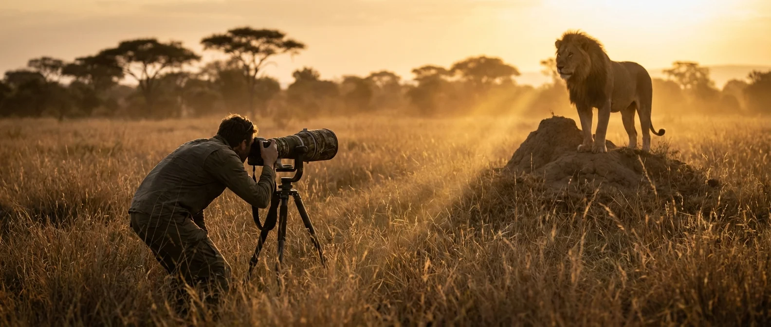 Photographe professionnel avec un téléobjectif capturant un lion dans la savane au coucher du soleil