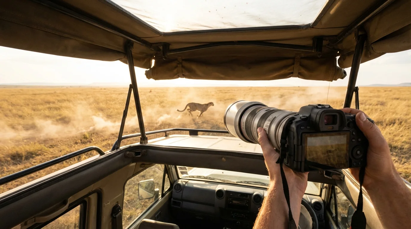 Vue depuis un 4x4 d'un photographe capturant un guépard en pleine course
