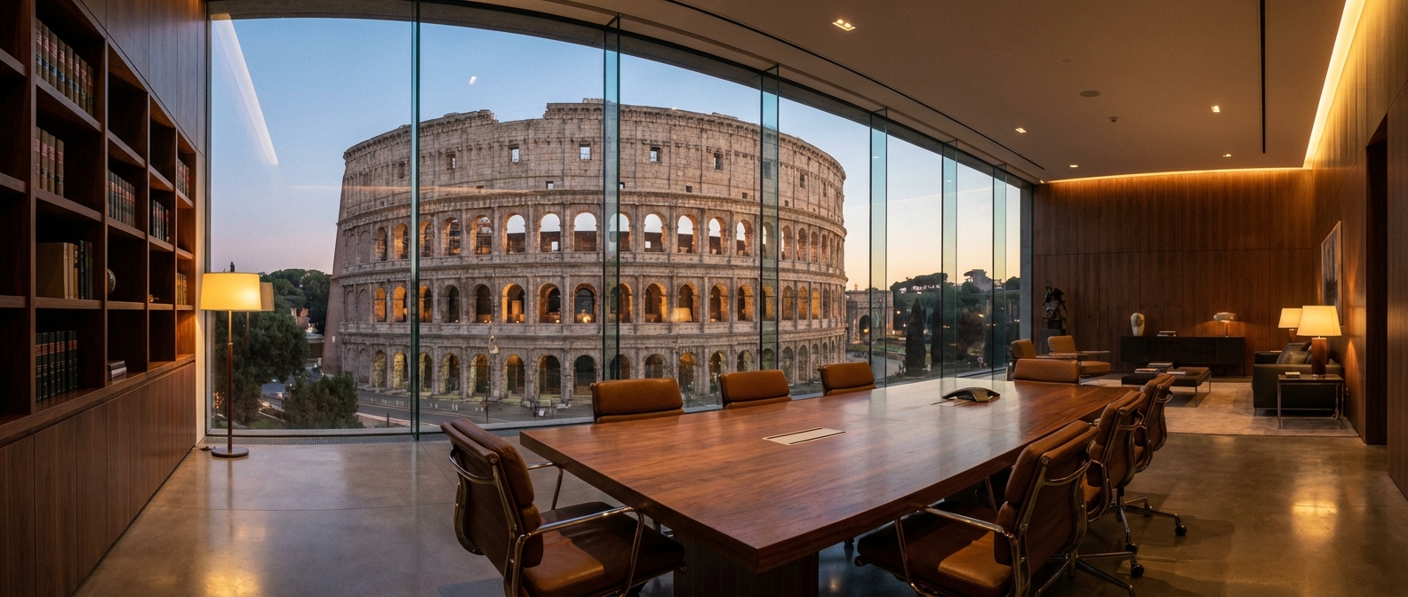 Intérieur d'un bureau de prestige avec vue sur le Colisée à Rome