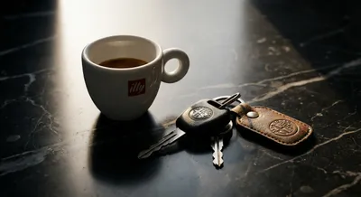 Un café italien et des clés de voiture sur une surface élégante en marbre
