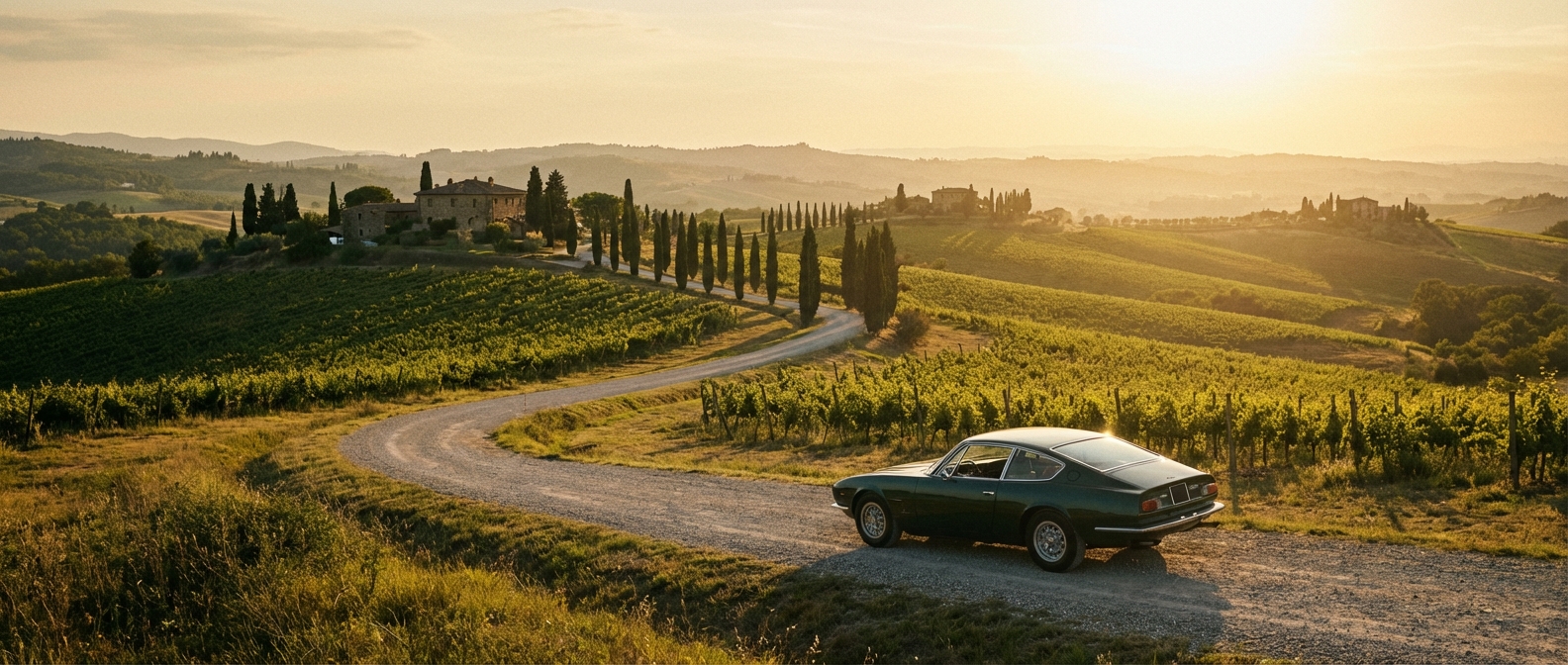 Une voiture de luxe sur une route de Toscane au coucher du soleil évoquant un voyage en Italie