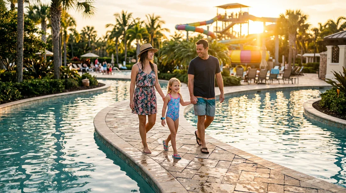 Le bracelet bleu Capfun au cœur de vos vacances Famille heureuse au bord d'une piscine de luxe avec bracelet bleu Capfun