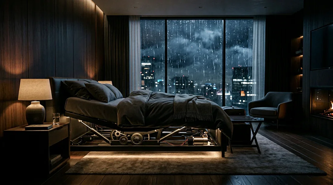 Le design et la technologie des lits électriques Vue cinématographique d'une chambre de luxe avec un lit électrique sous un éclairage tamisé