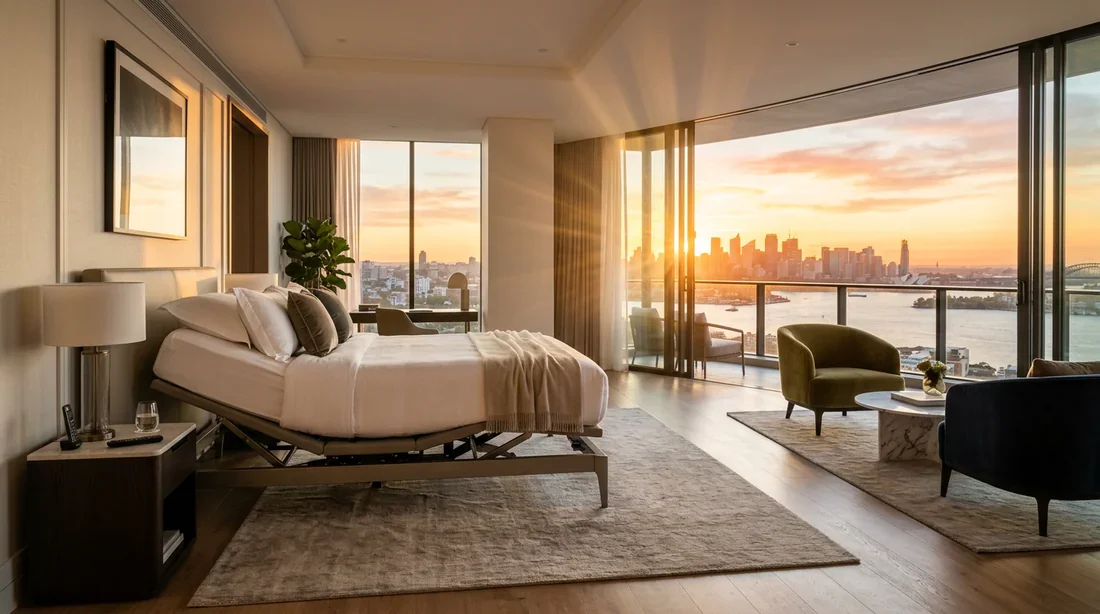 Vue panoramique d'une suite d'hôtel luxueuse avec un lit électrique moderne