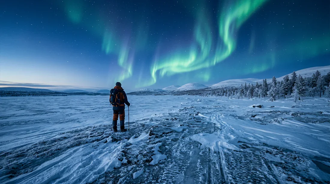 Aurore boréale en Laponie Un voyageur solitaire face à une aurore boréale dans les étendues enneigées de Laponie