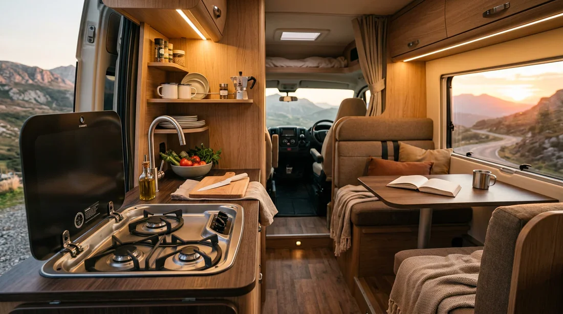 Intérieur d'un camping-car haut de gamme avec frigo Dometic lors d'un voyage