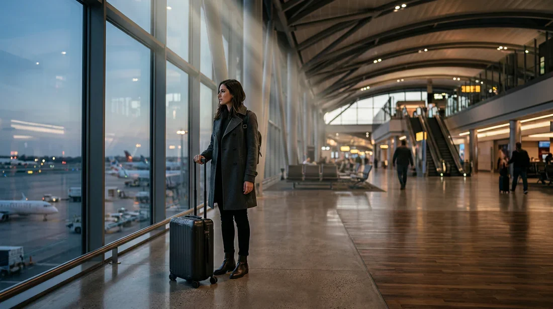 Voyageur dans un terminal d'aéroport Un voyageur moderne avec sa valise dans un aéroport élégant sous une lumière cinématographique