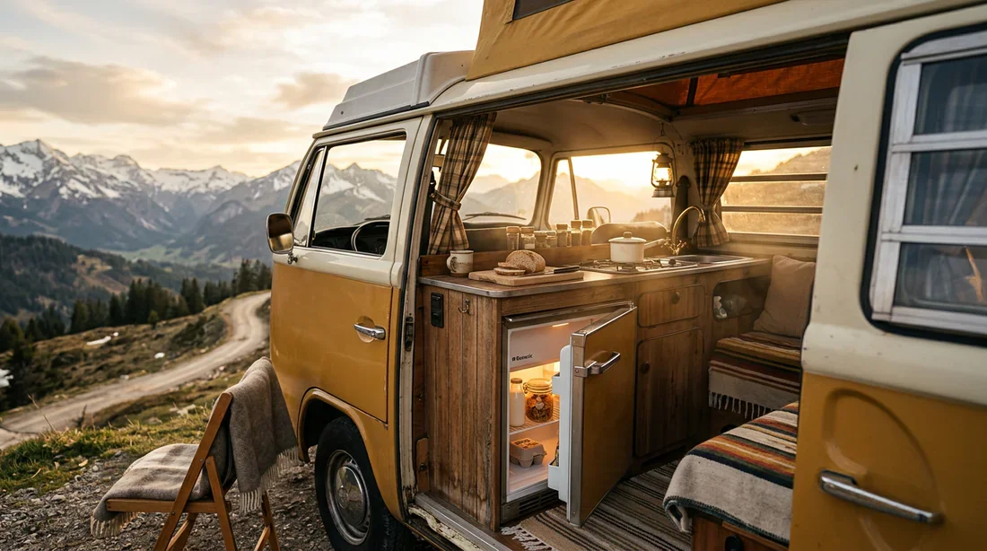 Un van aménagé stationné face aux montagnes avec une vue intérieure sur la cuisine et le réfrigérateur