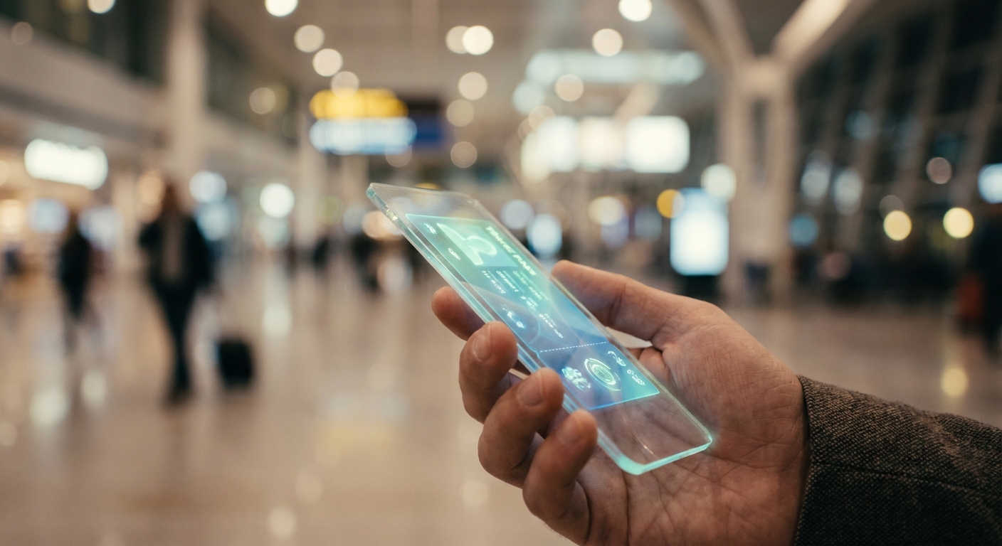 Détail d'une main tenant un pass numérique dans un terminal d'aéroport moderne