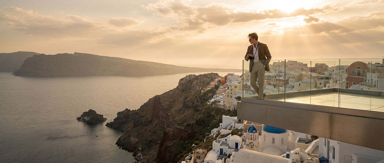 Un voyageur de luxe contemplant un coucher de soleil sur Santorin depuis une terrasse moderne
