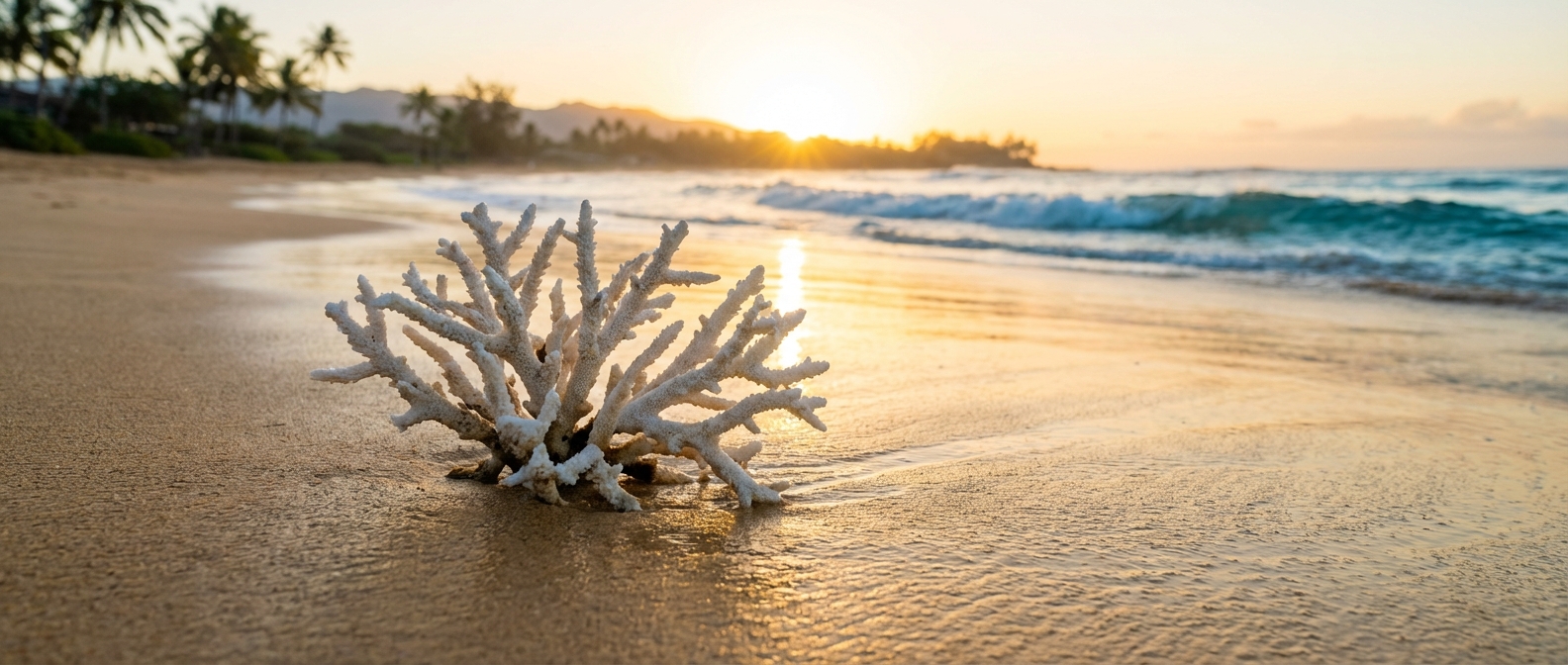 Un morceau de corail mort déposé sur le sable d'une plage paradisiaque au lever du soleil