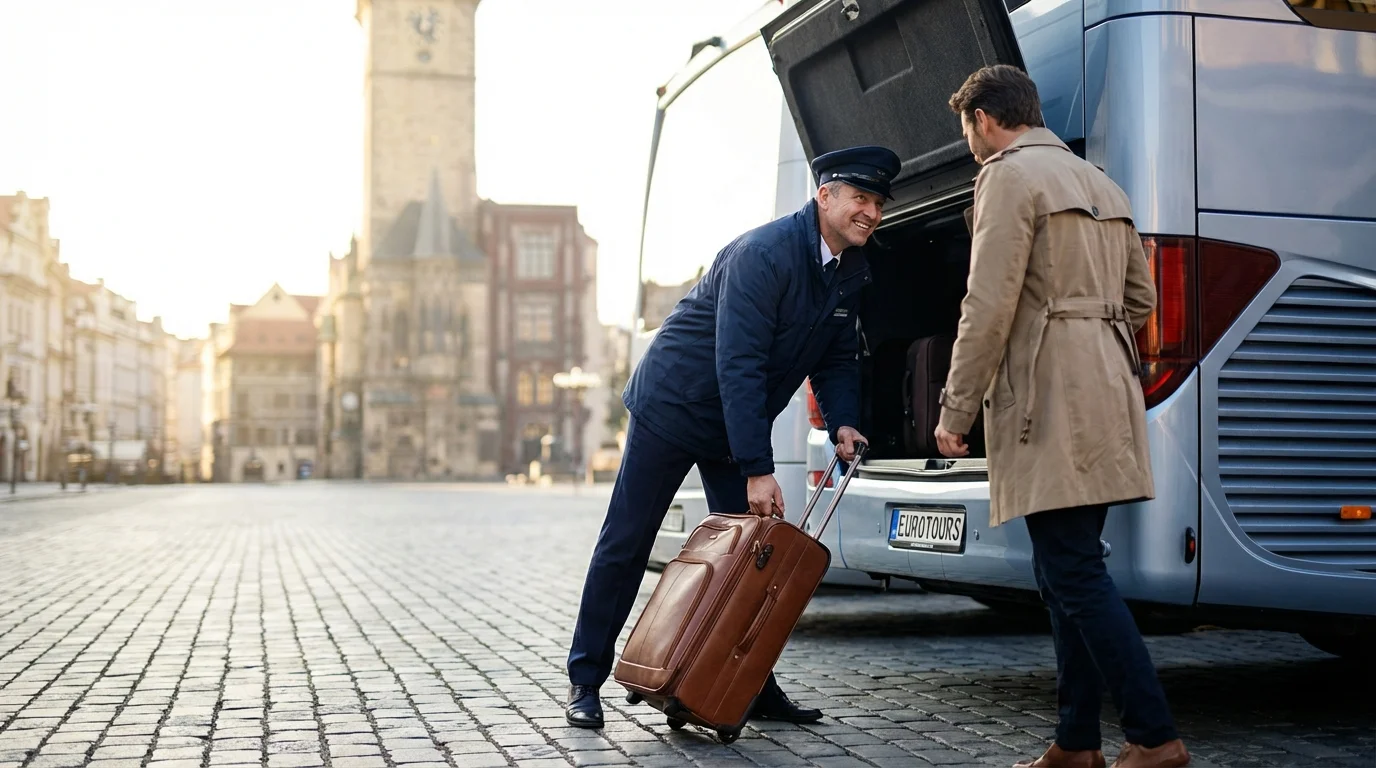 Chauffeur de car de tourisme aidant un voyageur avec ses bagages