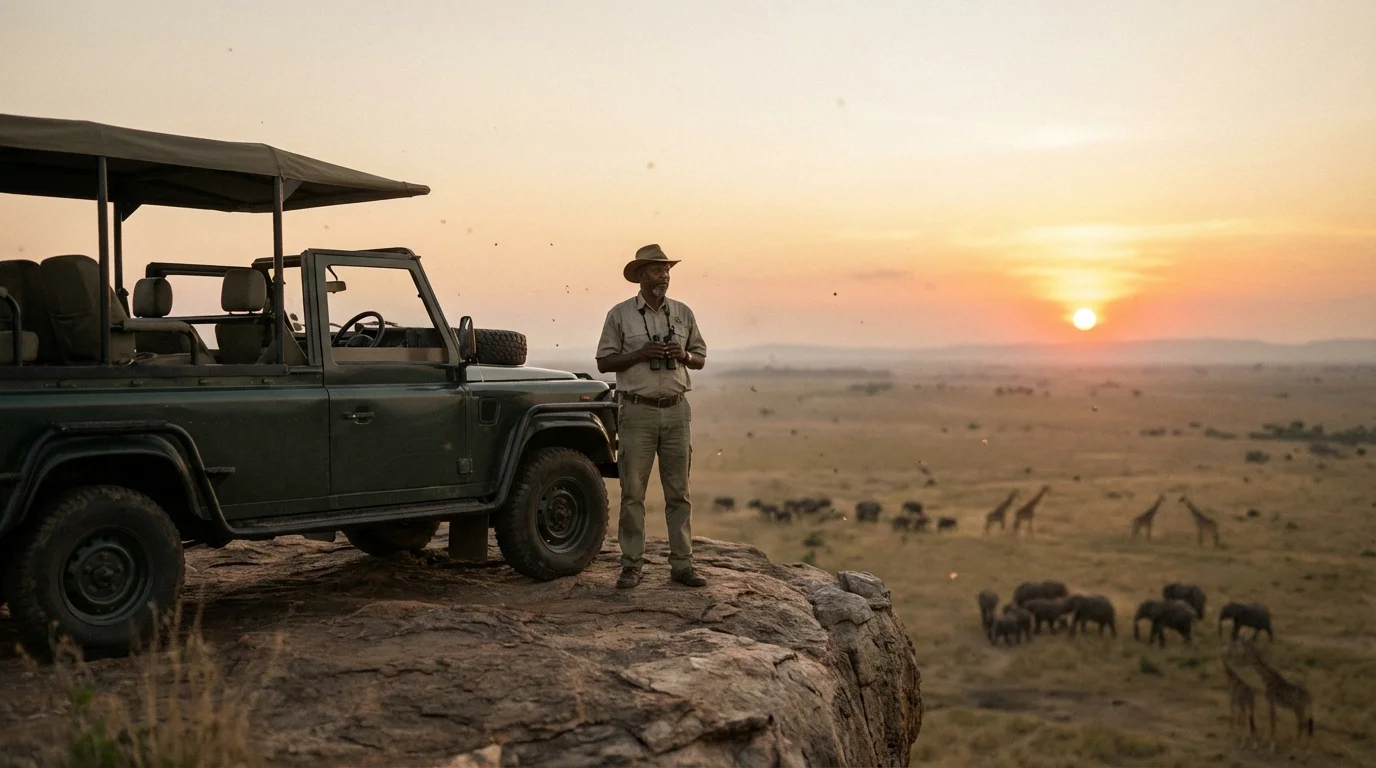 Un guide de voyage professionnel devant un paysage spectaculaire au coucher du soleil