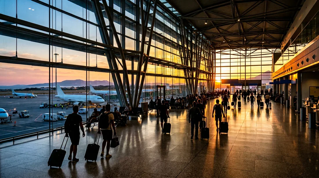 Bannière éditoriale aéroport d'Héraklion Vue panoramique de l'aéroport d'Héraklion au crépuscule
