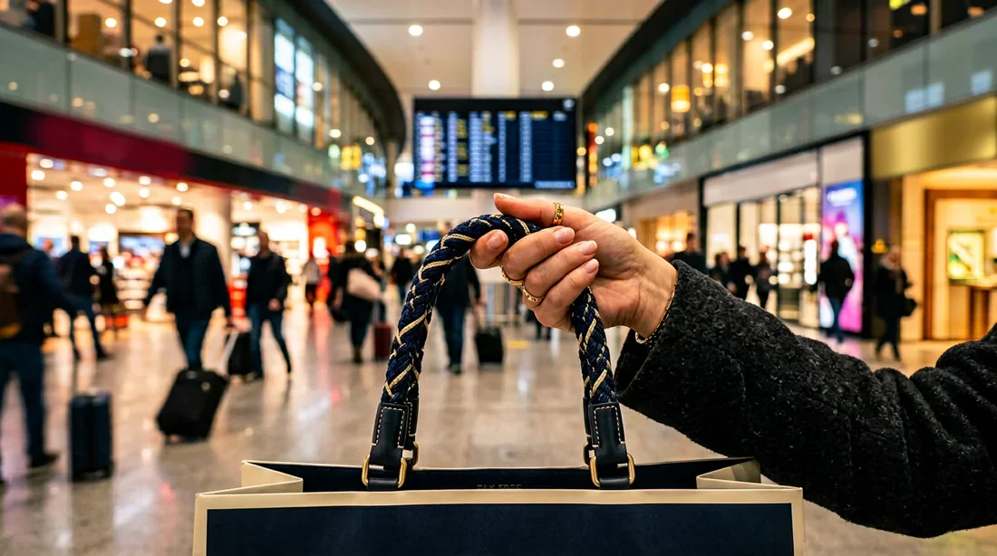 Header : Ambiance Duty-Free en Crète Vue panoramique d'un salon duty-free luxueux en Crète avec vue sur la mer Égée au coucher du soleil