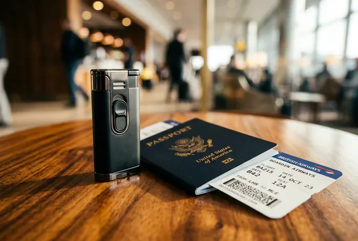 Gros plan minimaliste d'accessoires de voyage et de duty-free sur fond de bois tropical