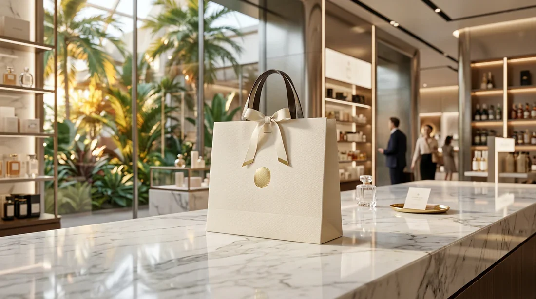 Illustration : Faire de bonnes affaires au duty-free de Guadeloupe Illustration d'un sac de shopping de luxe dans une boutique duty-free