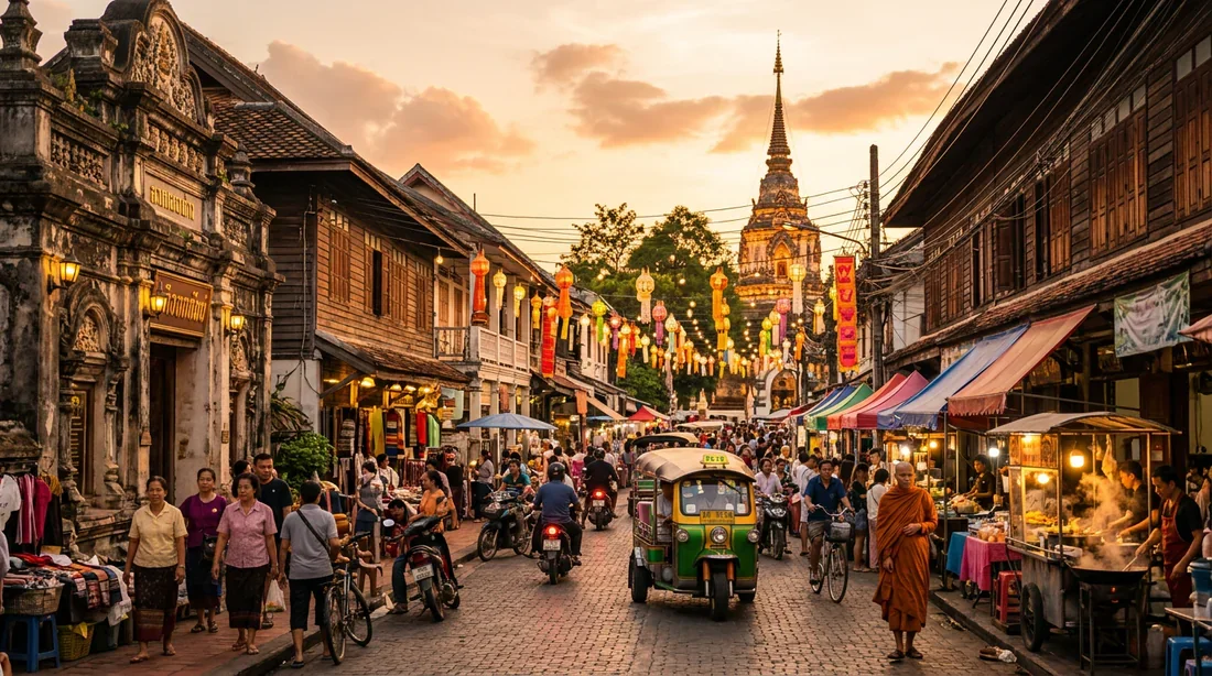 Immersion dans les rues de Thaïlande Scène de rue animée en Thaïlande baignée par la lumière dorée
