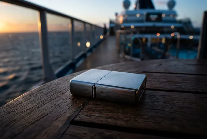 Gros plan minimaliste d'un briquet sur fond de mer pour illustrer le tabac en croisière