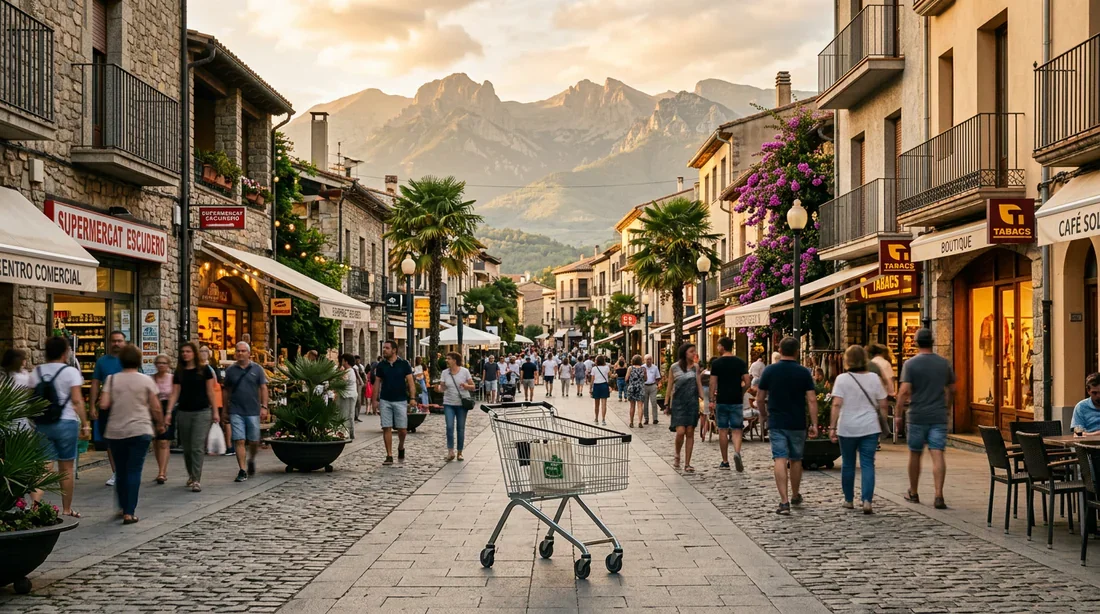 Vue cinématographique d'une zone commerciale à La Jonquera au coucher du soleil