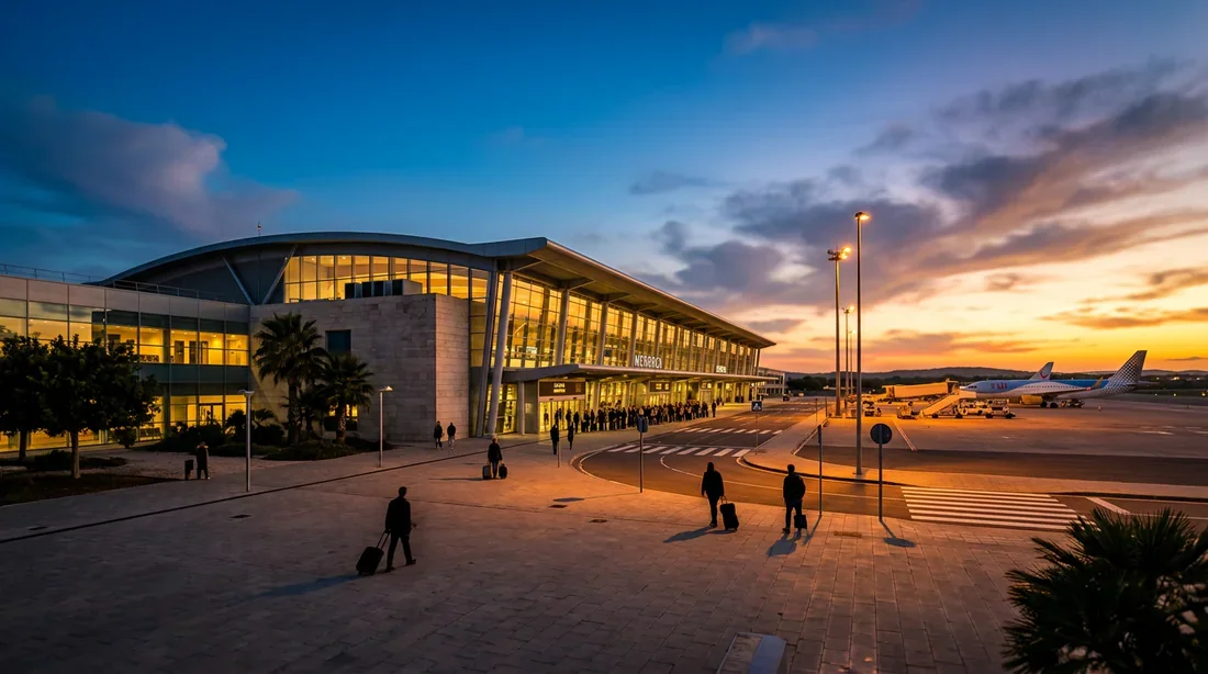 Aéroport de Minorque au crépuscule Vue panoramique de l'aéroport de Minorque au coucher du soleil