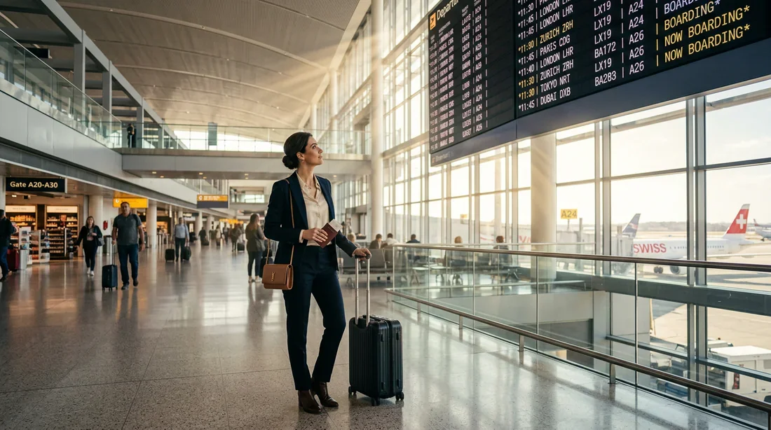 Une femme voyageuse dans un terminal d'aéroport luxueux Une femme élégante dans un aéroport international moderne, symbolisant le voyage