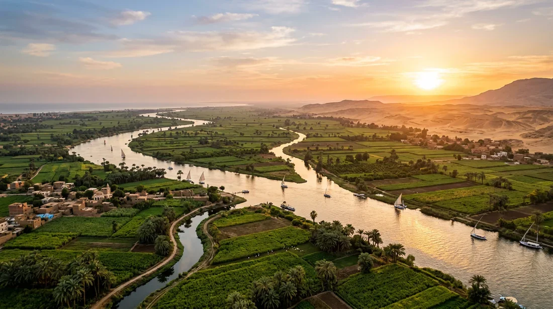 Paysage épique du Nil en Égypte à l'heure dorée