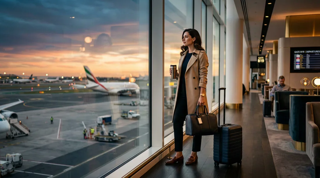 Le voyage moderne facilité par SBI ePay Un voyageur sophistiqué dans un salon aéroportuaire haut de gamme avec vue sur les pistes