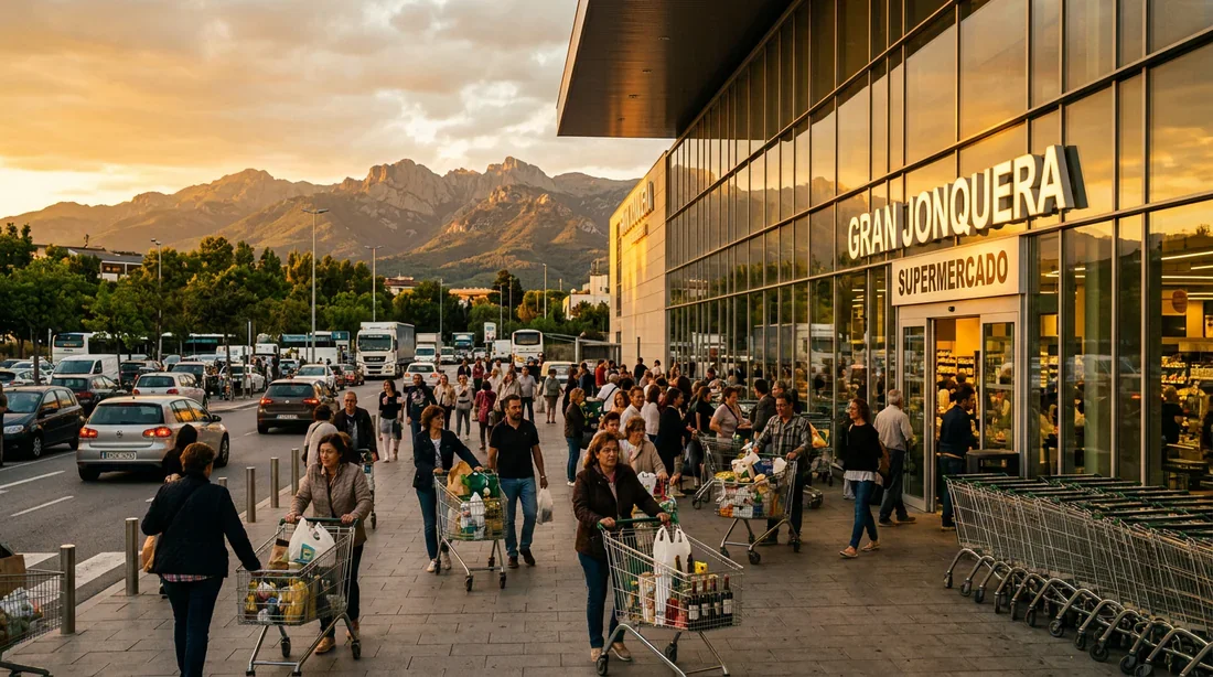 Supermarché à La Jonquera : L'expérience shopping ultime Vue panoramique d'un grand supermarché moderne à La Jonquera sous une lumière dorée