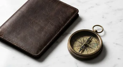 Gros plan élégant d'un passeport et d'une boussole, symboles de voyage et de fiabilité.