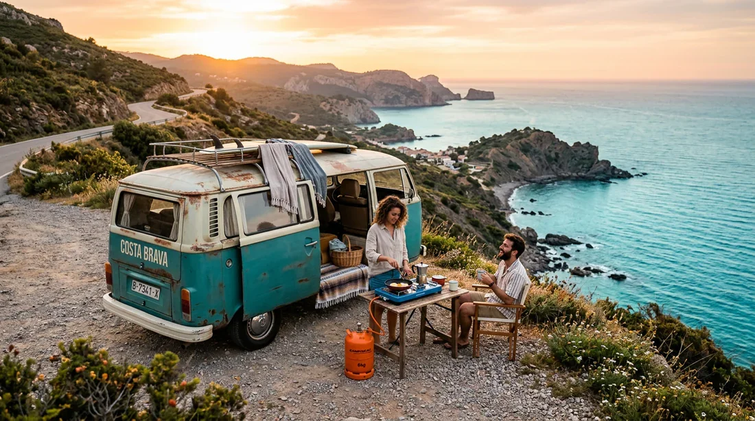 Un van aménagé garé sur une falaise en Espagne avec une bouteille de gaz à proximité au coucher du soleil