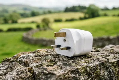 Gros plan minimaliste d'un adaptateur électrique de type G sur un muret en pierre