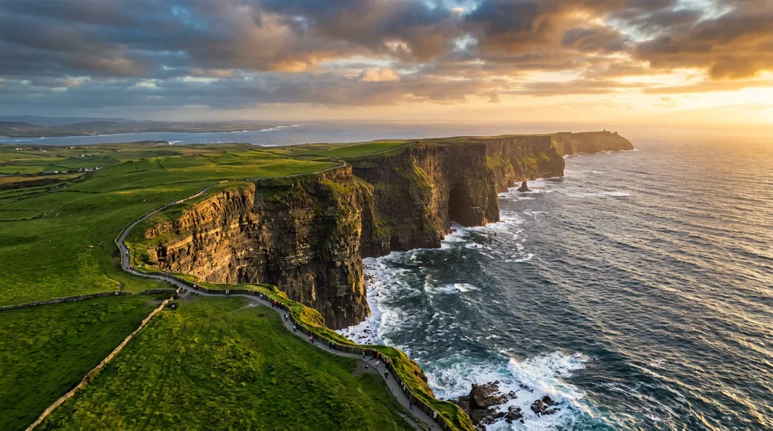Paysage épique de l'Irlande Paysage spectaculaire des falaises de Moher en Irlande sous une lumière dorée