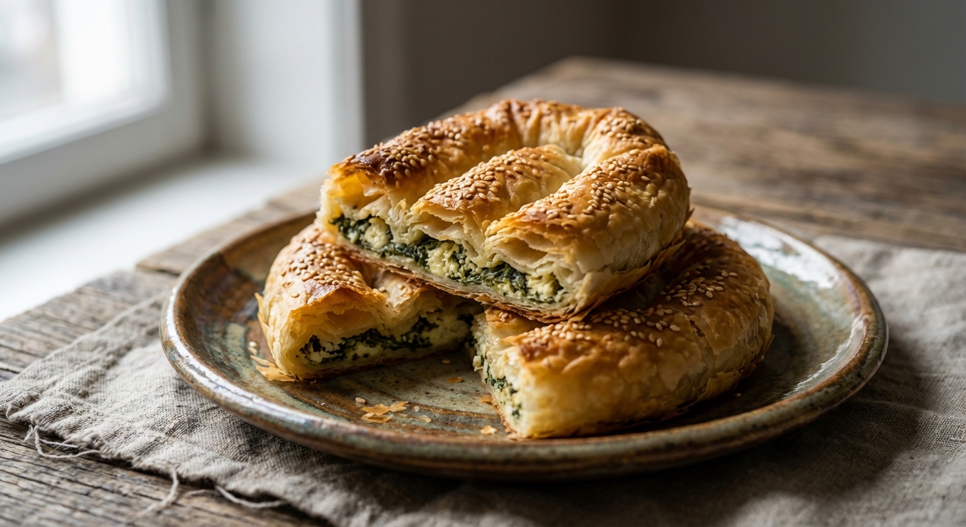 Gros plan d'un byrek traditionnel albanais croustillant servi sur une assiette artisanale.