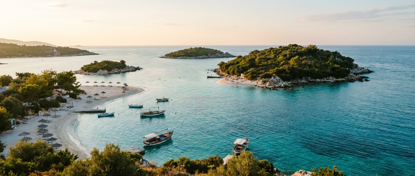 Détente sur la Riviera albanaise, destination halal-friendly Plage de Ksamil avec ses eaux turquoise et ses petites îles sauvages en Albanie.
