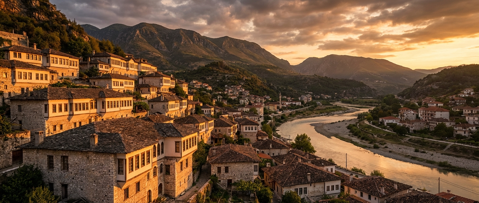 Panorama épique de Berat, joyau culturel de l'Albanie Vue panoramique de la ville historique de Berat en Albanie au coucher du soleil, architecture ottomane emblématique.