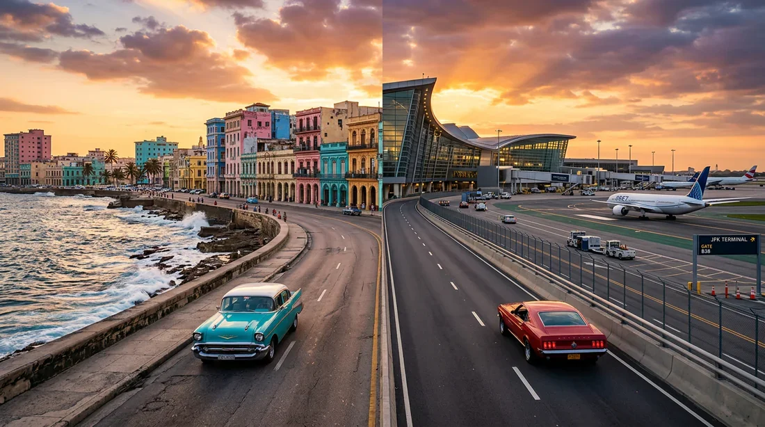 Voyage entre Cuba et les États-Unis : paysages contrastés Voiture classique sur une route côtière au coucher du soleil, symbolisant le voyage entre Cuba et les USA