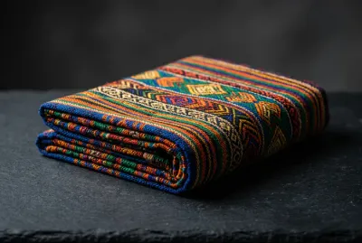 Détail macro minimaliste d'un tissu artisanal malgache aux couleurs vives