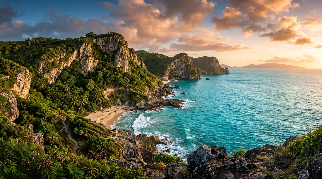 Paysage épique de la côte sauvage de Guadeloupe au coucher du soleil