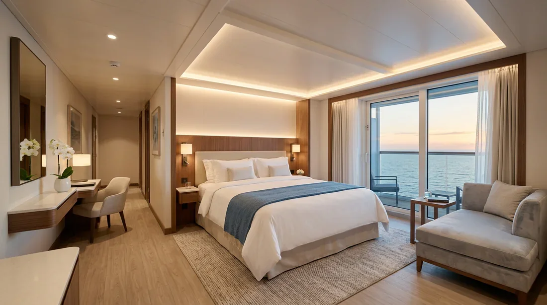 Vue panoramique d'une cabine élégante et moderne à bord d'un navire Corsica Ferries sans hublot.