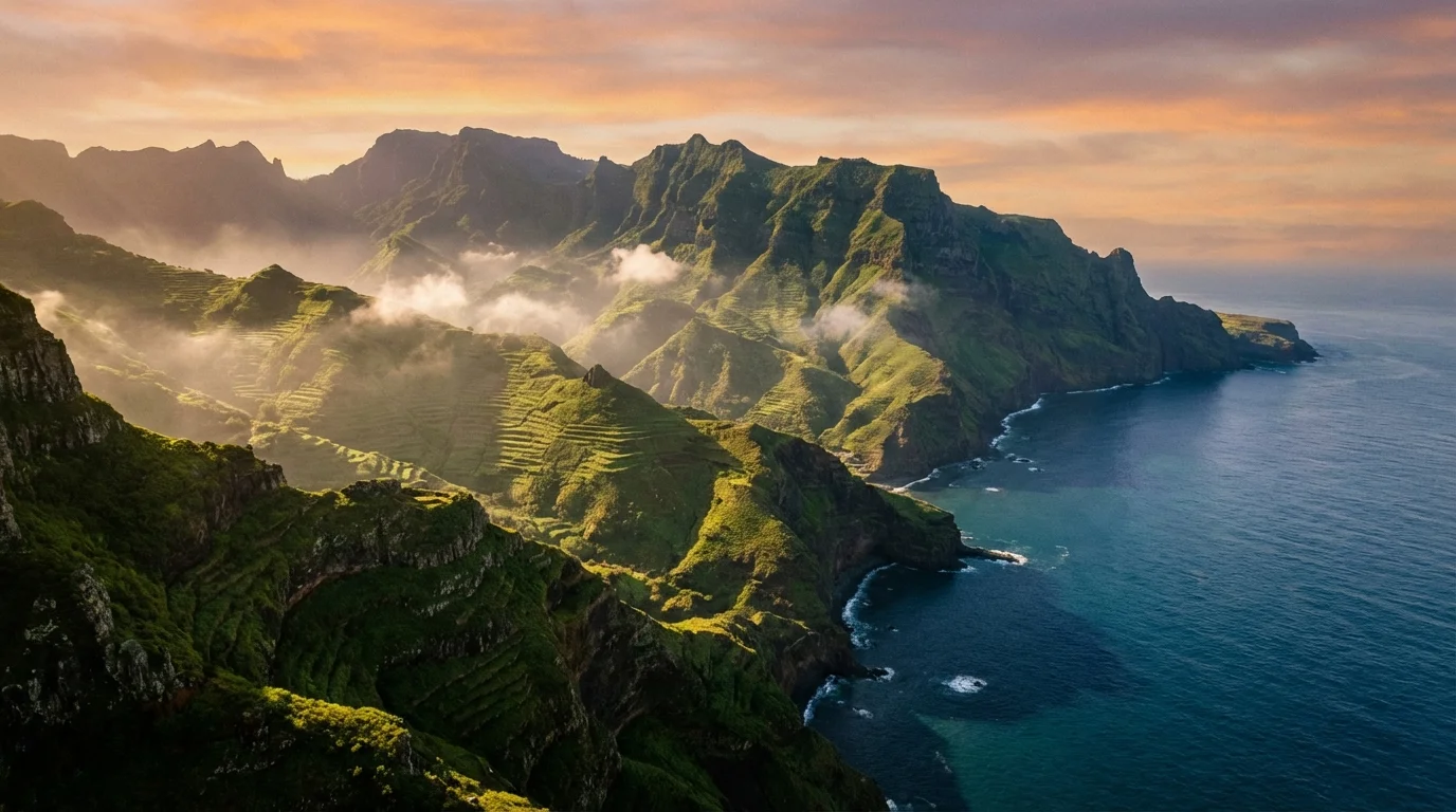 Panorama spectaculaire des montagnes verdoyantes de Santo Antao au Cap-Vert surplombant l'océan