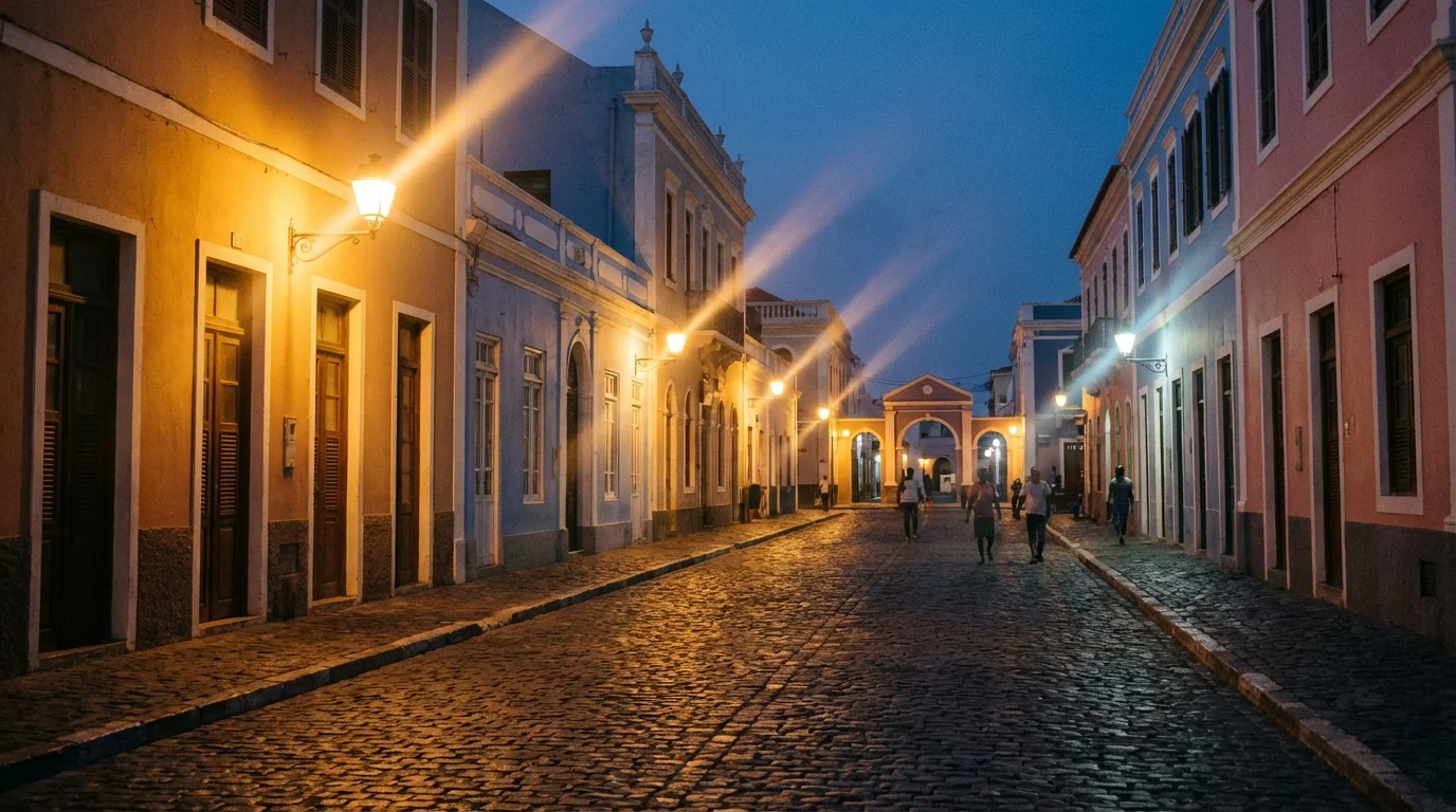 Rue pavée pittoresque de Mindelo avec ses maisons coloniales colorées au crépuscule