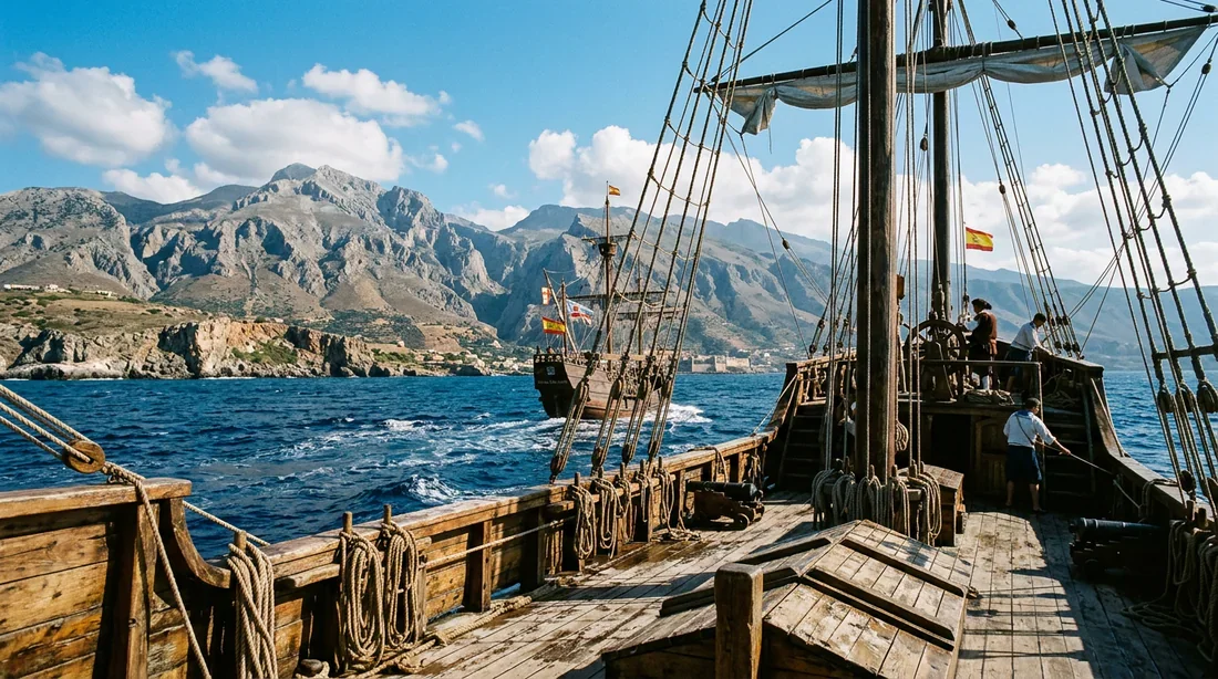 La caravelle emblématique de Crète en mer Un navire de type caravelle naviguant sur les eaux turquoise de la Crète au coucher du soleil